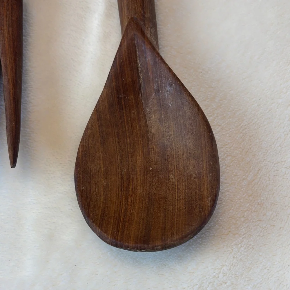 Mid-Century Wooden Dining Set with Carved Handles African Motif Condiment Bowls
